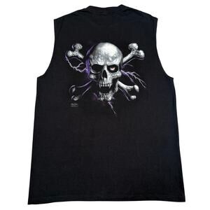 Vintage 2005 Skull Bone Biker Muscle Tee Lightning Skull Tank Top Black L Y2K